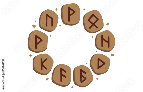 Circle of ancient norse runes on brown stones with white background