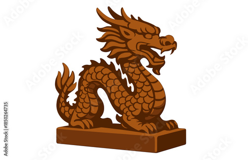 Intricate wooden dragon statue on a pedestal with detailed scales and fins