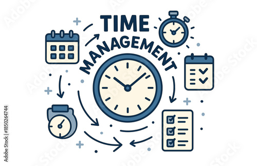 Time management concept with clocks, calendars, and checklists