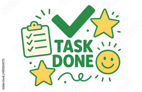 Task completed concept with checkmark stars and smiley
