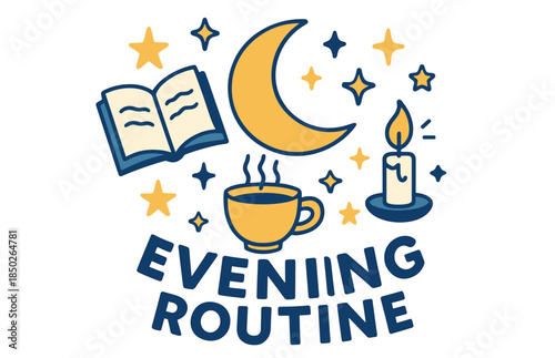Cozy evening routine: book, candle, coffee, moon, stars