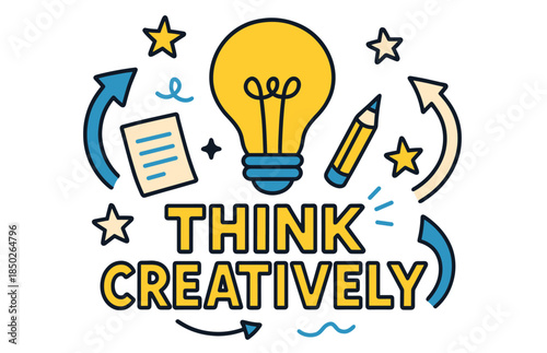 Think creatively graphic with lightbulb, arrows, stars, and pencil icons