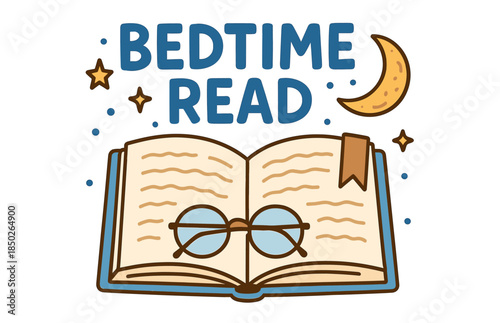 Bedtime read: illustrated open book with glasses, moon, and stars