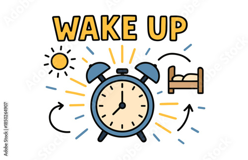 Colorful wake up concept with alarm clock sun and bed illustrations