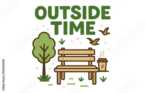 Park bench scene with coffee cup and birds outside under tree