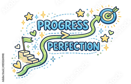 Progress over perfection motivational with arrow and stairs