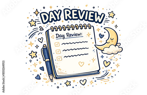 Illustrated day review checklist with moon, stars, and pen