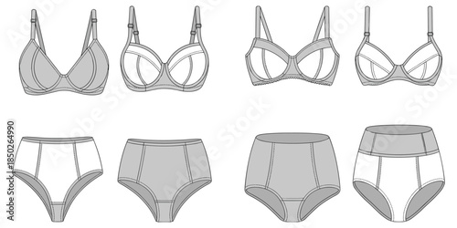 Set of Lingerie Bra and Panty Technical Drawings in Grey Tones panties underwear