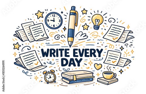 Motivational writing concept with books, clock, lightbulb, and coffee elements