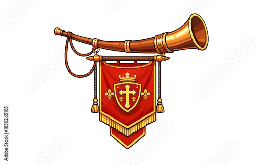 Medieval brass horn with red banner and royal crest on white background