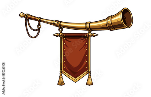 Medieval brass herald trumpet with red banner on white background