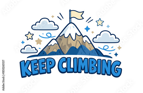 Motivational mountain with snowy peaks, clouds, and stars