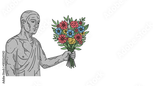 Ancient stone statue with visible cracks and weathering, extending its hand to hold a vibrant, freshly bloomed bouquet of colorful flowers.
