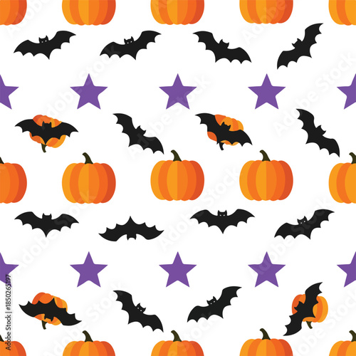 Halloween pattern with pumpkins, bats, and stars on white background  