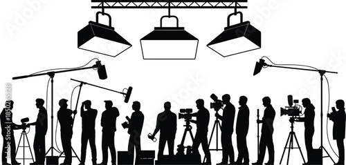 Silhouette of film crew and lighting equipment on white background Keywords: film crew, movie production, video recording, camera