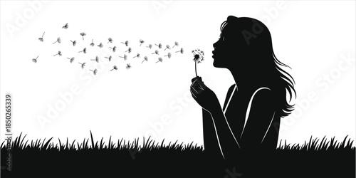Silhouette of a woman blowing a dandelion in a grassy field seeds