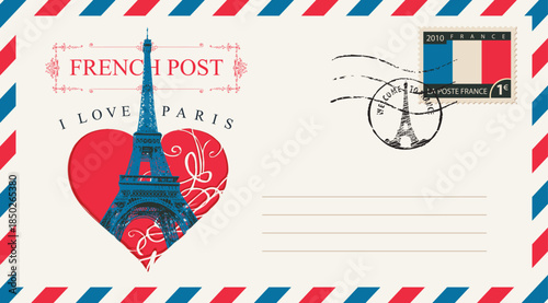 Vector greeting card with Eiffel Tower,  France. Or vintage postal envelope with heart sign and words i love Paris. French school. Valentine's Day. Travel agency banner. No AI used