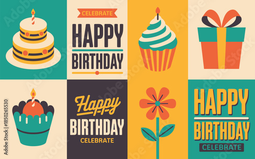 Vibrant retro vector illustration set of joyful birthday celebration icons: layered cake, wrapped gift, sweet cupcakes, and bold 'Happy Birthday' text.