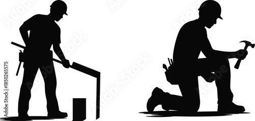 Silhouette of two construction workers with tools on white background Keywords: construction worker, builder, carpenter