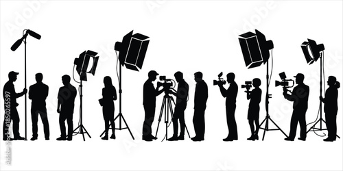 Silhouette of film production crew with cameras and lighting on white background Keywords: film crew, movie production, video