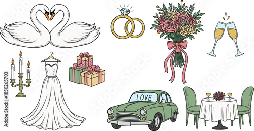 Wedding Celebration Icon Set with Romantic Symbols Including Swans, Rings, Dress, Gifts, and Table Setting for Design Projects