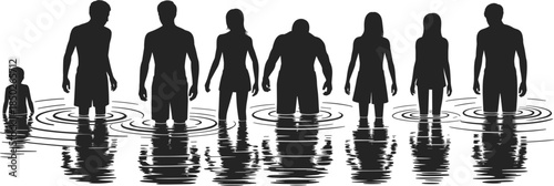 Silhouettes of eight people of varying heights in rippling water with reflections standing ripple