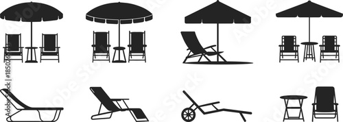 Silhouettes of Beach Chairs Umbrellas and Tables Keywords: beach, chair, umbrella, table, lounge, deck chair, patio, outdoor