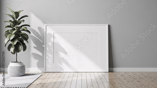 Contemporary Interior Frame Mockup with Potted Plant on Wooden Floor