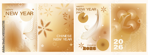 Lunar new year cards in beige, golden, white shades. Koi fish, flowers, mountains, sun gradient background. Blurred, unfocused modern design with line art.