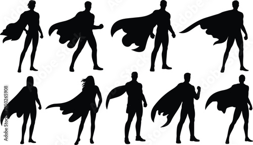 Silhouettes of Ten Superhero Figures in Dynamic Poses with Flowing Capes Keywords: superhero, silhouette, figure, person, man