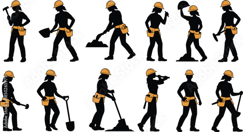 Silhouettes of Women Construction Workers Performing Various Tasks on White Background Keywords: construction, worker, woman