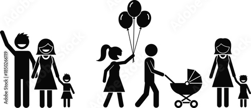 Stick Figure Families And People With Baby Stroller And Balloons Keywords: family, people, stick figure, icon, pictogram