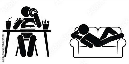 Stick figures representing unhealthy lifestyle of eating junk food and relaxing on couch person