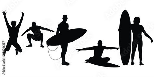 Surfer Silhouettes with Surfboards in Various Poses Keywords: surfer, surfing, surfboard, ocean, sea, water sport, beach, summer