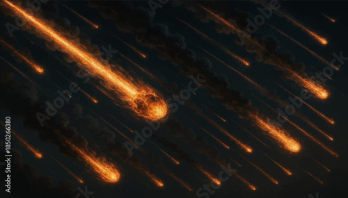 Illustration a multitude of burning meteorites streaking across the sky with bright tails and smoke trails. Perfect for sci-fi posters, background scenes, and trailers.Vector graphics. EPS.