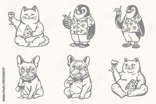 Vintage style cartoon Cat, Dog, sketch illustration. Illustration for drinks cards, bar and wedding menus, cards and website graphics. Eps 10