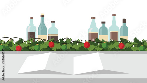 Assortment of elegant bottles displayed on a shelf, beautifully decorated with festive Christmas garlands and ornaments, with blank cards below.