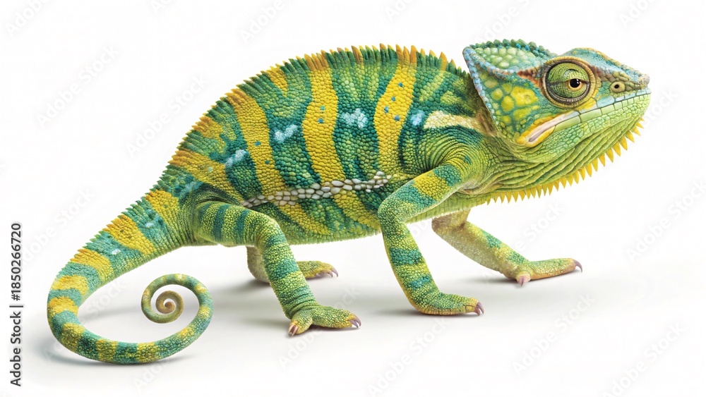 Obraz premium Green and Yellow Chameleon Isolated on White Background