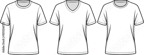 Three Blank White T- Shirts with Different Necklines on White Background t-shirt clothing