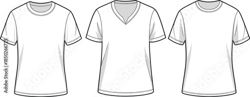 Three White T- Shirts with Short Sleeves and Different Necklines Keywords: t-shirt, shirt, clothing, apparel, garment, fashion