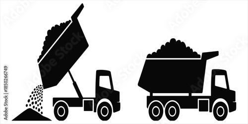 Two Black Silhouettes of Dump Trucks One Unloading Gravel on White Background Keywords: dump truck, construction, vehicle