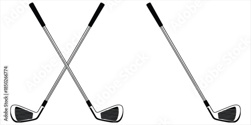Two golf clubs crossed and one golf club angled on white background golf equipment sports equipment