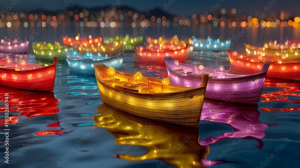 Obraz premium Colorful Lantern Boats Floating on Serene Water at Night with Vibrant City Lights in the Background Scene