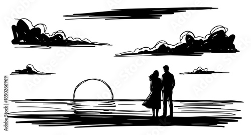 Romantic silhouette of a couple watching sunset on the beach in sketch style