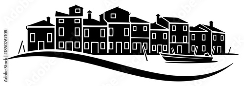 Row of traditional venetian houses by canal with boat silhouette