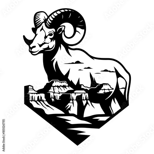 Bighorn sheep ram combined with Grand Canyon landscape silhouette