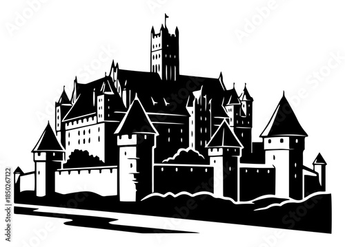 Medieval gothic castle fortress with high towers silhouette illustration