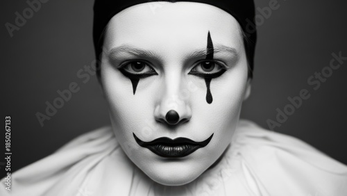 Symmetrical black and white portrait of a person with Pierrot makeup.