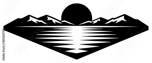 Geometric mountain lake landscape with sunset reflection badge