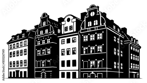 Row of historic european old town tenement houses silhouette